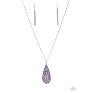 Paparazzi Tiki Tease Purple Long Teardrop Crystal Silver Necklace Earrings Set